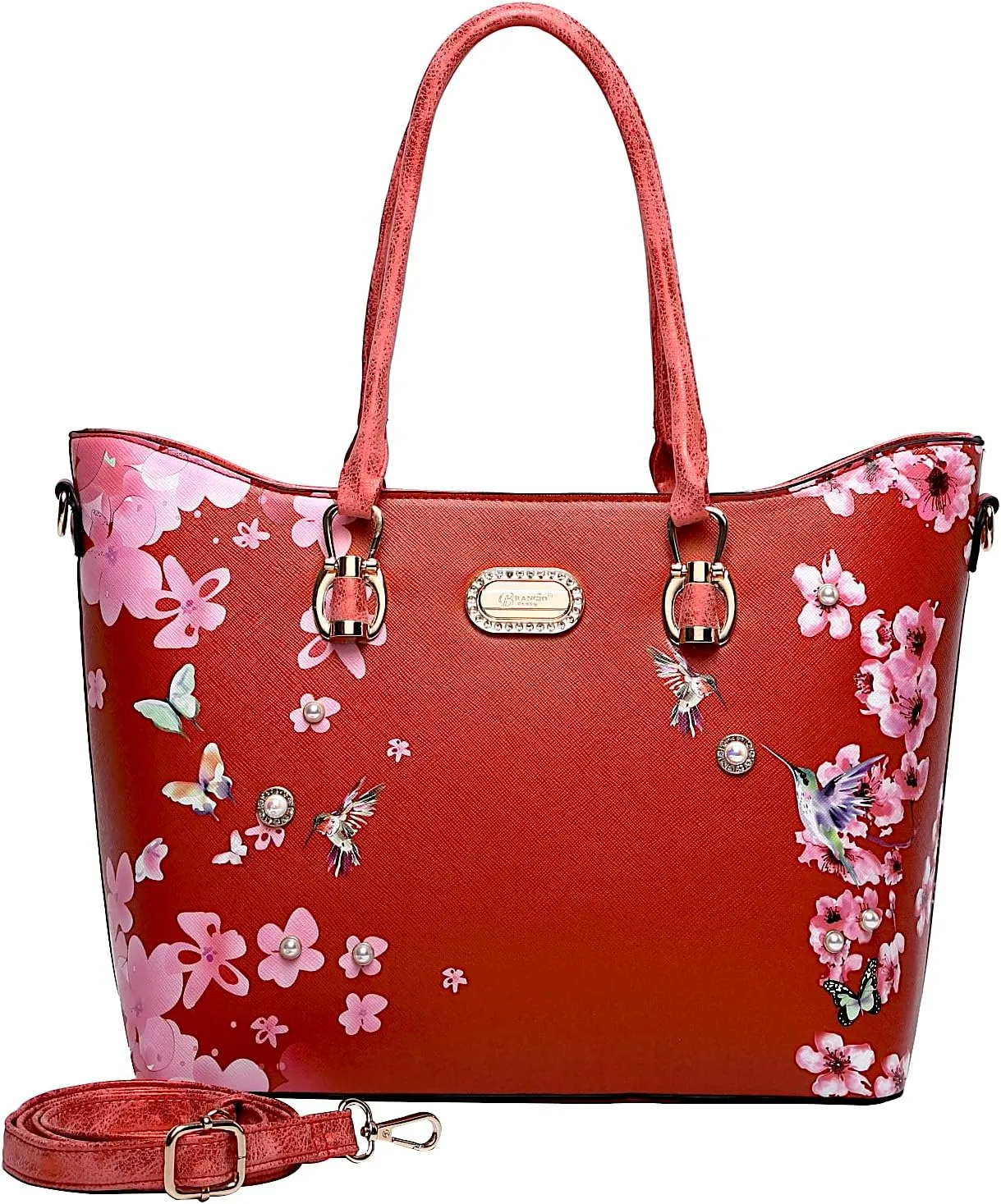 Twilight Garden Crystal-Embellished Floral Designer Tote Bag with Adjustable Shoulder Strap