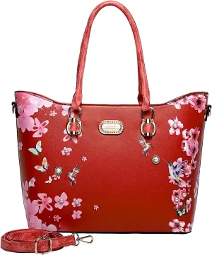 Twilight Garden Crystal-Embellished Floral Designer Tote Bag with Adjustable Shoulder Strap