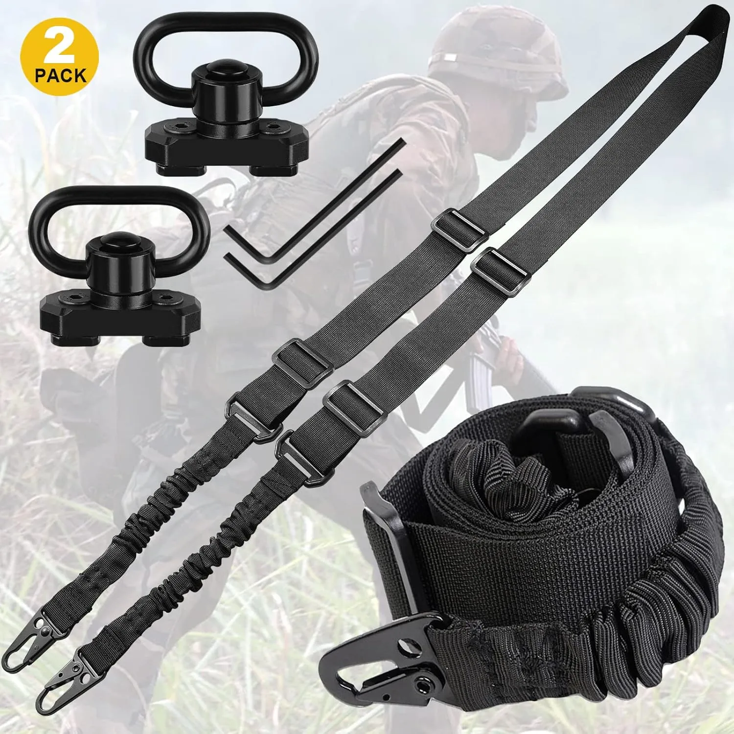 Two Point Traditional Sling with Mounts - Adjustable Extra Long Two Point Traditional Sling with 2 Pack 1.25" QD Sling Rail Swivel Mounts for Mlock