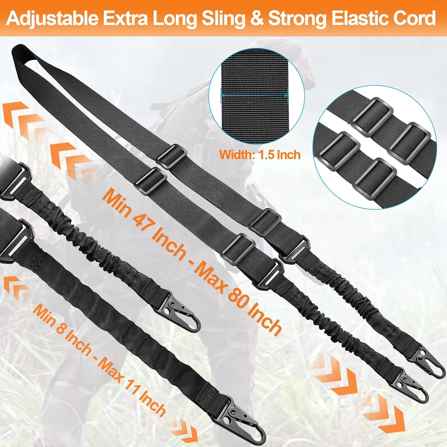 Two Point Traditional Sling with Mounts - Adjustable Extra Long Two Point Traditional Sling with 2 Pack 1.25" QD Sling Rail Swivel Mounts for Mlock