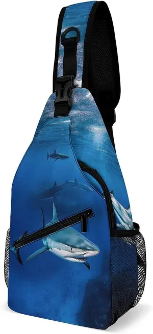 Ultra Lightweight Sling Shoulder Backpack Chest Pack Crossbody Bags Multipurpose Anti-Theft Bag for Work Picnic Hiking Camping Beach Trip, Blue Ocean Sea Shark