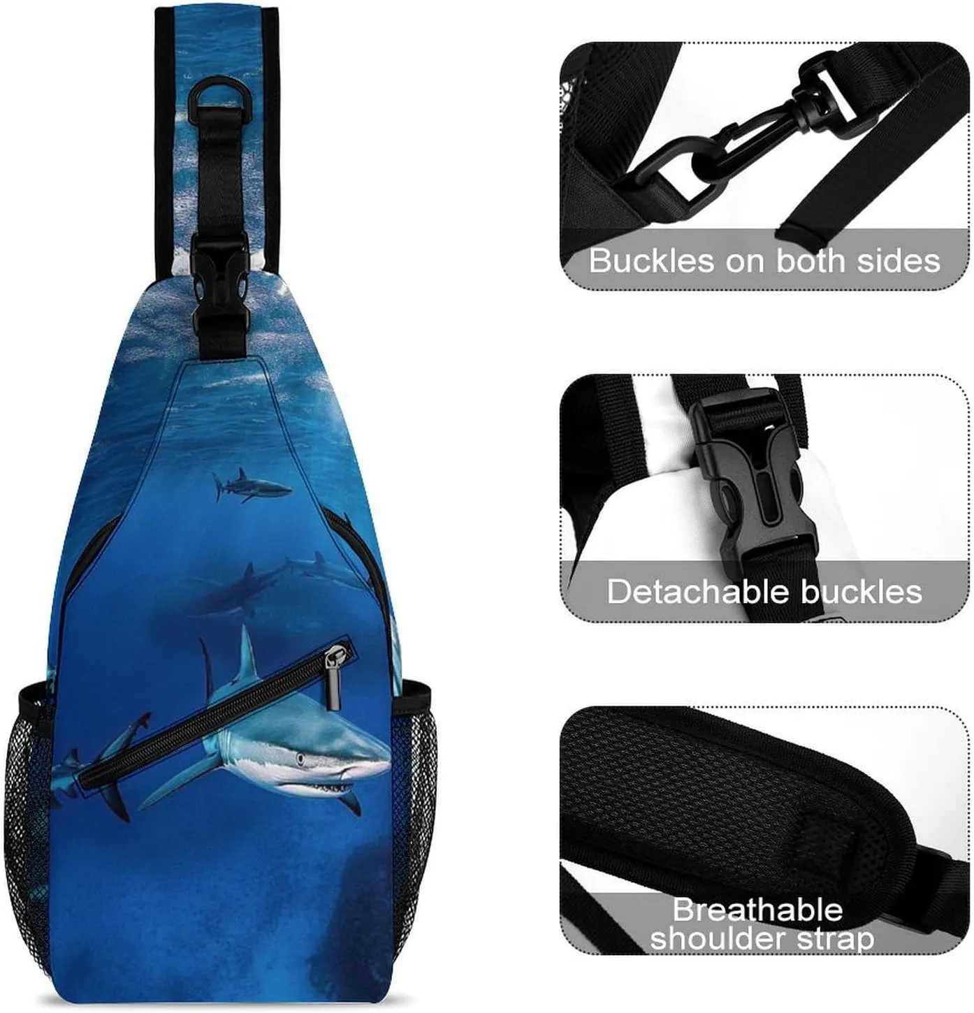Ultra Lightweight Sling Shoulder Backpack Chest Pack Crossbody Bags Multipurpose Anti-Theft Bag for Work Picnic Hiking Camping Beach Trip, Blue Ocean Sea Shark