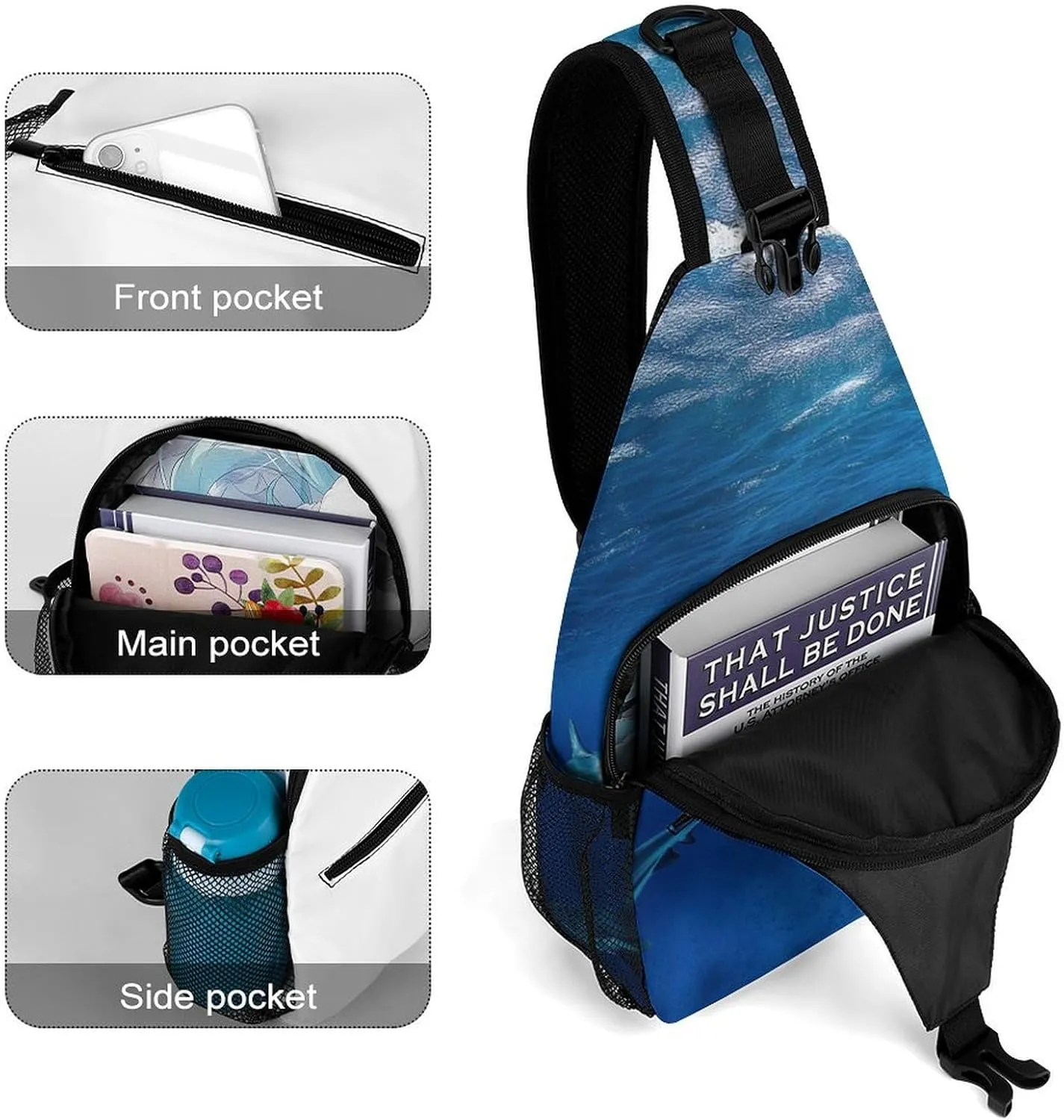 Ultra Lightweight Sling Shoulder Backpack Chest Pack Crossbody Bags Multipurpose Anti-Theft Bag for Work Picnic Hiking Camping Beach Trip, Blue Ocean Sea Shark