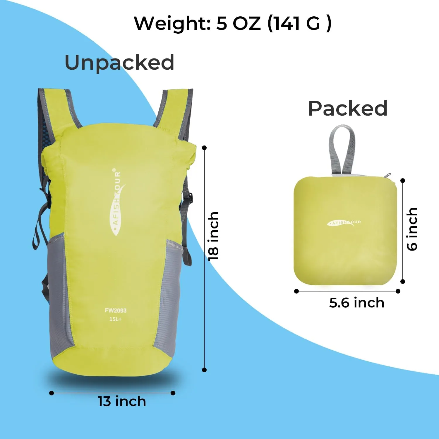 Ultralight Water Resistant Backpack for Men & Women, 15L Packable Hiking Daypack, Roll Top Closure Small Dry Bag Backpack for Cycling, Camping,Skiing, Boating (Yellow)