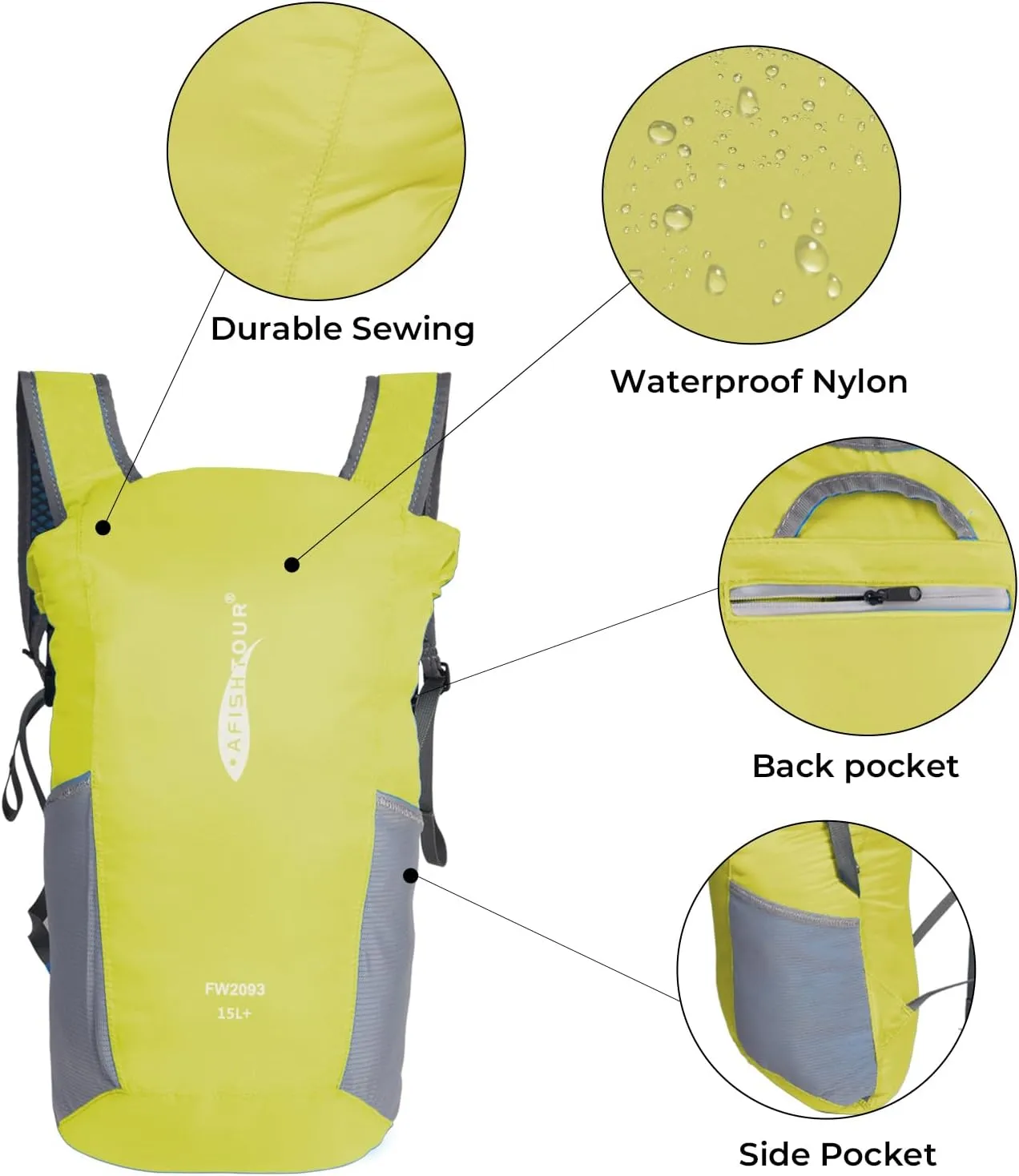 Ultralight Water Resistant Backpack for Men & Women, 15L Packable Hiking Daypack, Roll Top Closure Small Dry Bag Backpack for Cycling, Camping,Skiing, Boating (Yellow)
