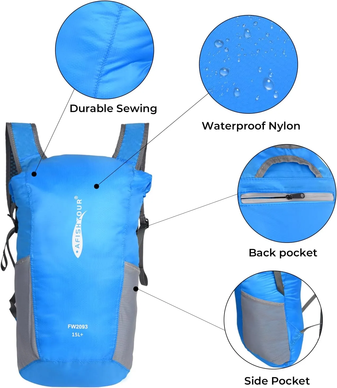 Ultralight Water Resistant Backpack for Men & Women, 15L Packable Hiking Daypack, Roll Top Closure Small Dry Bag Backpack for Cycling,Camping,Skiing, Boating (Blue)