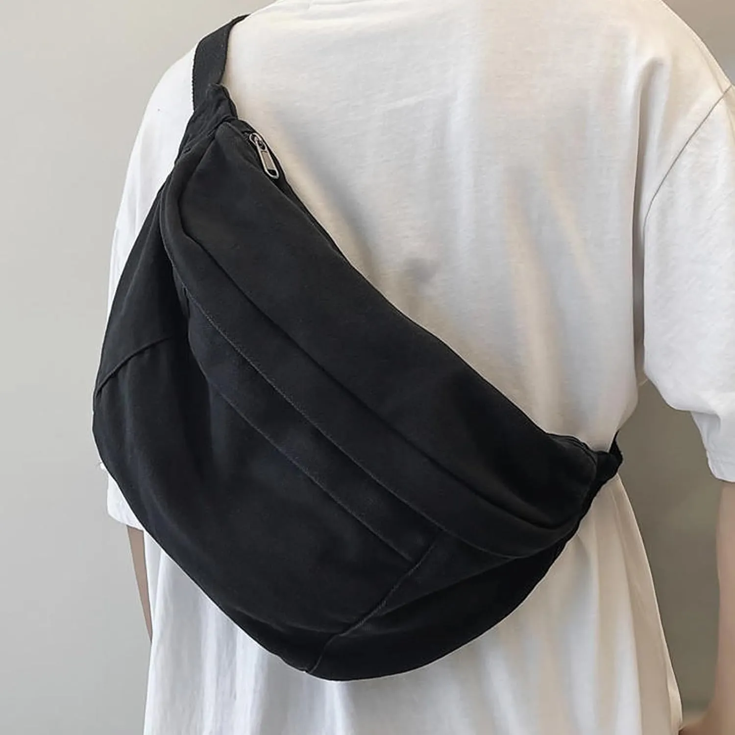 Unisex Slouchy Sling Bag, Large Fanny Pack with Multiple Compartments, Canvas Chest Purse Crossbody Bag, Adjustable Strap, Large Capacity (Black)