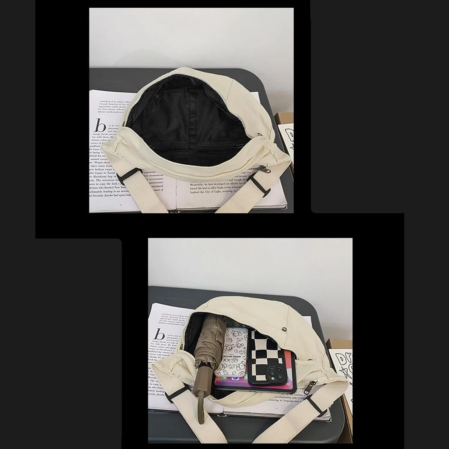 Unisex Slouchy Sling Bag, Large Fanny Pack with Multiple Compartments, Canvas Chest Purse Crossbody Bag, Adjustable Strap, Large Capacity (Black)