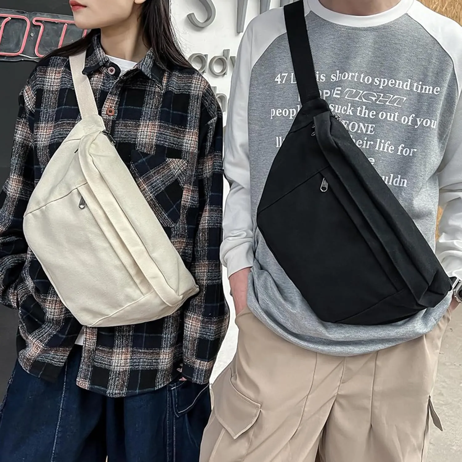 Unisex Slouchy Sling Bag, Large Fanny Pack with Multiple Compartments, Canvas Chest Purse Crossbody Bag, Adjustable Strap, Large Capacity (Black)