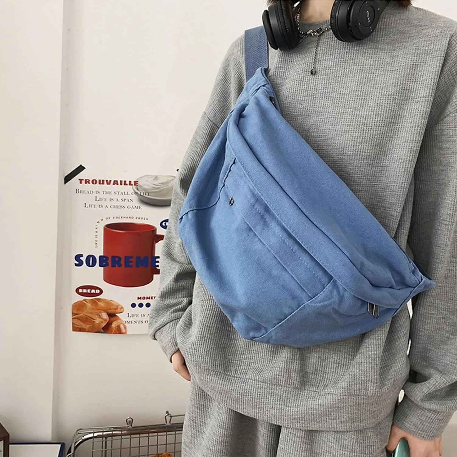 Unisex Slouchy Sling Bag, Large Fanny Pack with Multiple Compartments, Canvas Chest Purse Crossbody Bag, Adjustable Strap, Large Capacity (Blue)