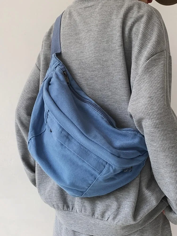Unisex Slouchy Sling Bag, Large Fanny Pack with Multiple Compartments, Canvas Chest Purse Crossbody Bag, Adjustable Strap, Large Capacity (Blue)