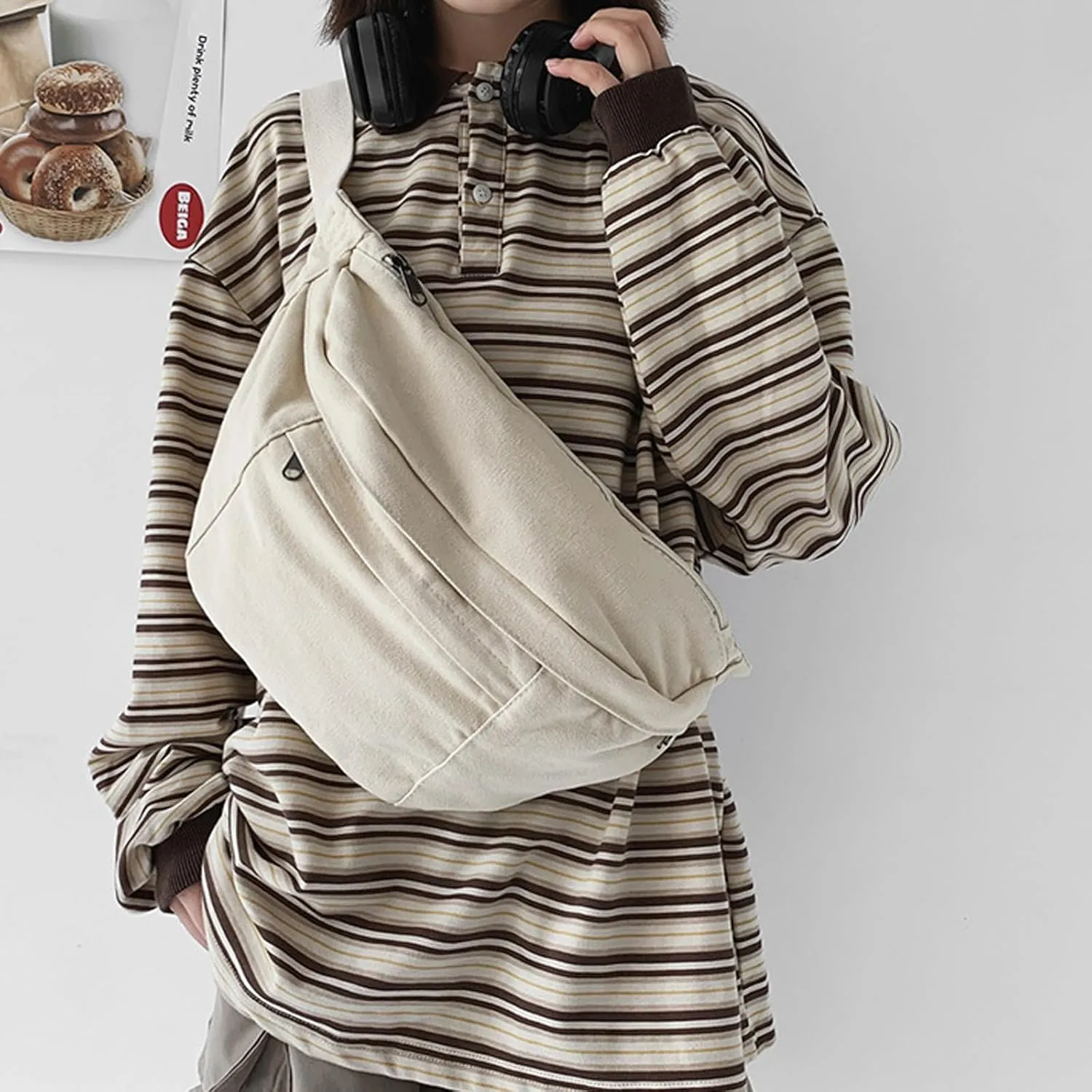 Unisex Slouchy Sling Bag, Large Fanny Pack with Multiple Compartments, Canvas Chest Purse Crossbody Bag, Adjustable Strap, Large Capacity (Off white)