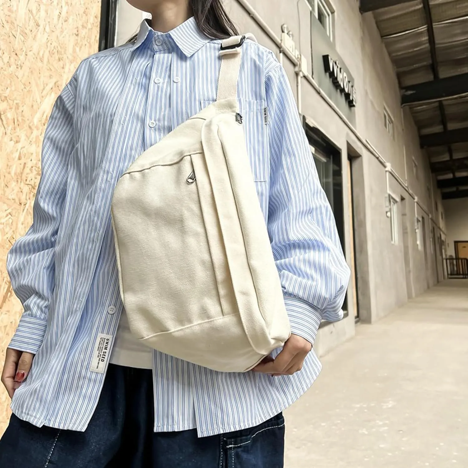 Unisex Slouchy Sling Bag, Large Fanny Pack with Multiple Compartments, Canvas Chest Purse Crossbody Bag, Adjustable Strap, Large Capacity (Off white)