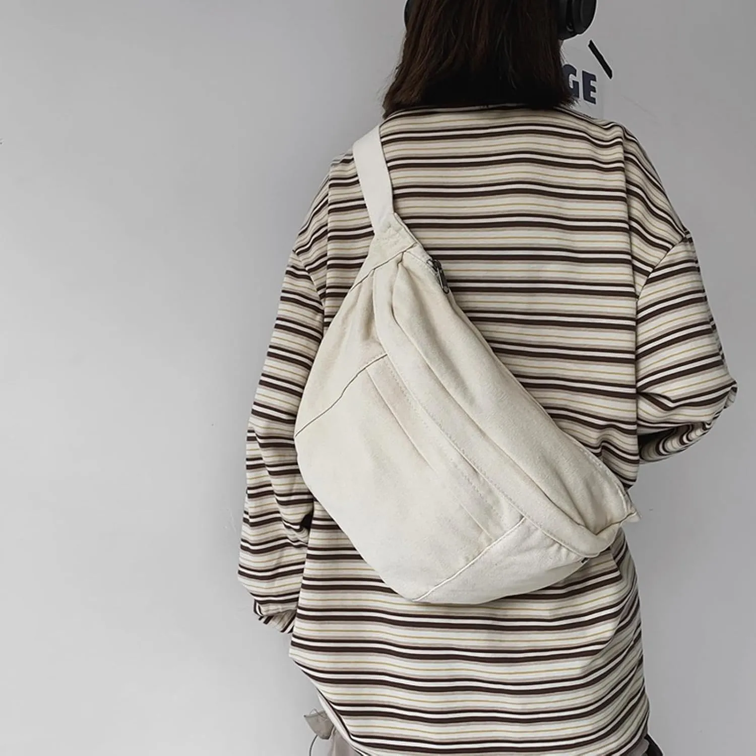 Unisex Slouchy Sling Bag, Large Fanny Pack with Multiple Compartments, Canvas Chest Purse Crossbody Bag, Adjustable Strap, Large Capacity (Off white)
