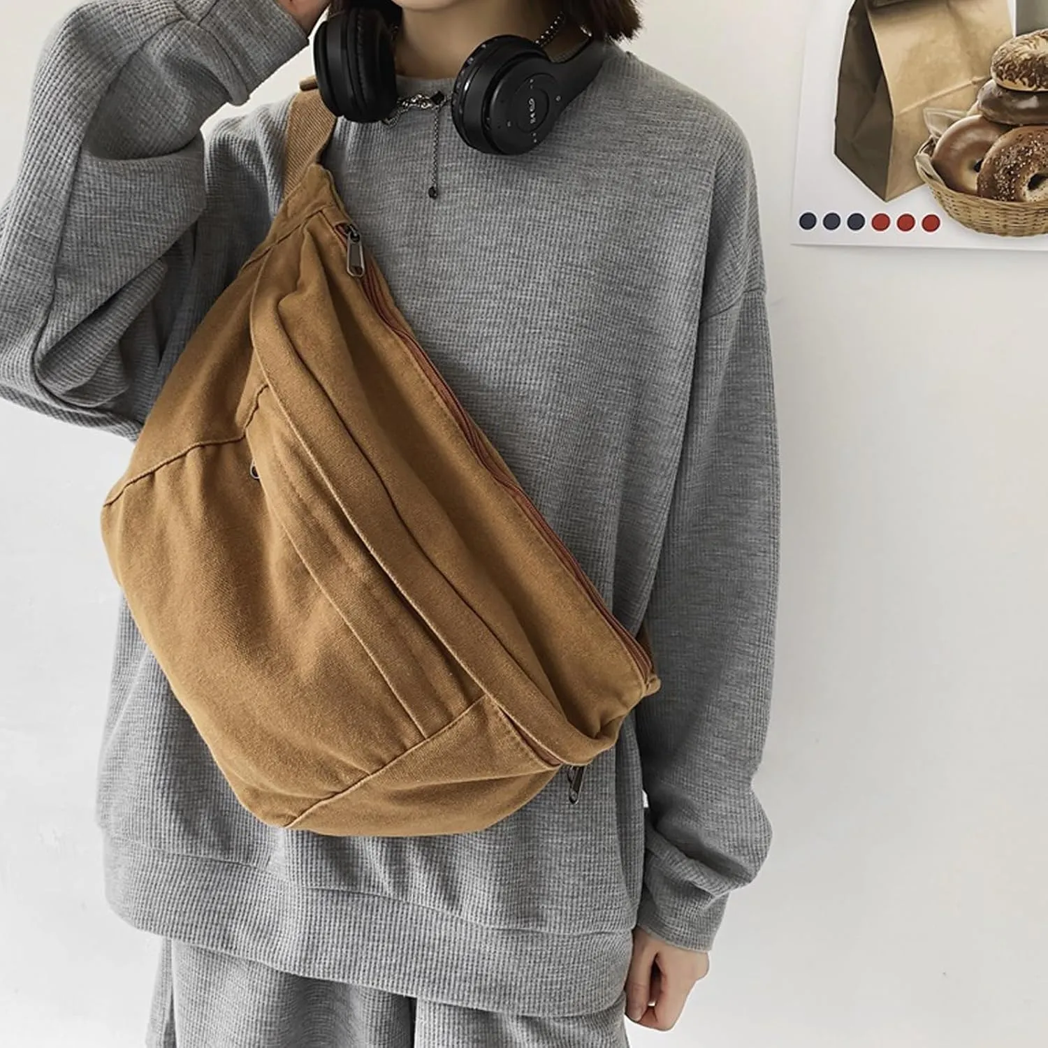 Unisex Slouchy Sling Bag, Large Fanny Pack with Multiple Compartments, Canvas Chest Purse Crossbody Bag, Adjustable Strap, Large Capacity (Orange)