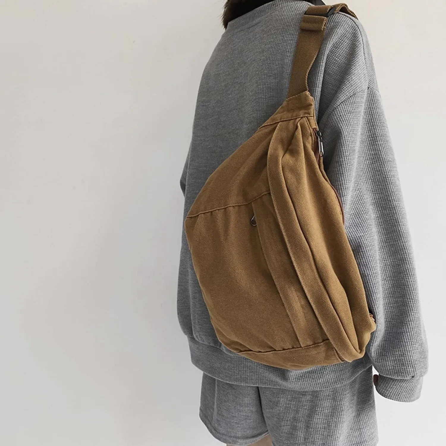 Unisex Slouchy Sling Bag, Large Fanny Pack with Multiple Compartments, Canvas Chest Purse Crossbody Bag, Adjustable Strap, Large Capacity (Orange)
