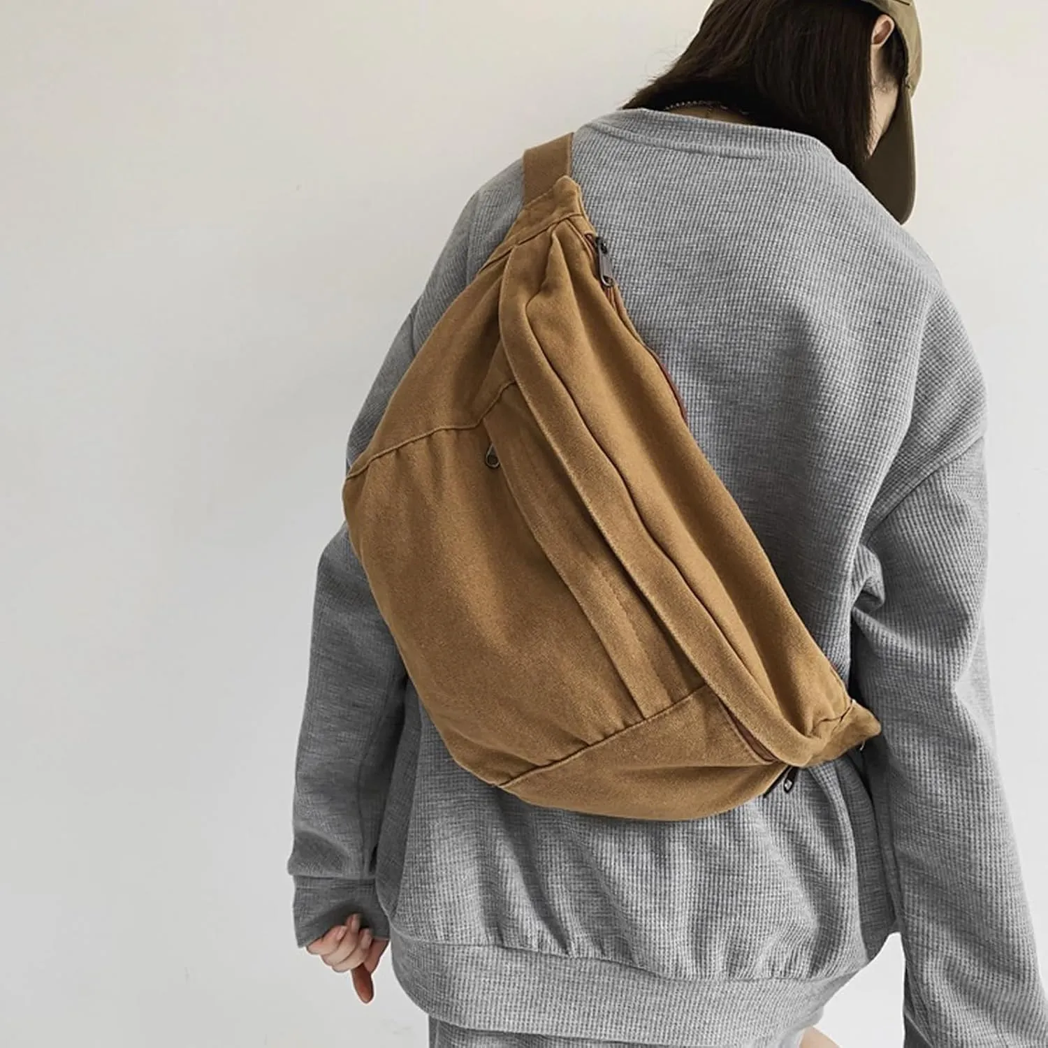 Unisex Slouchy Sling Bag, Large Fanny Pack with Multiple Compartments, Canvas Chest Purse Crossbody Bag, Adjustable Strap, Large Capacity (Orange)
