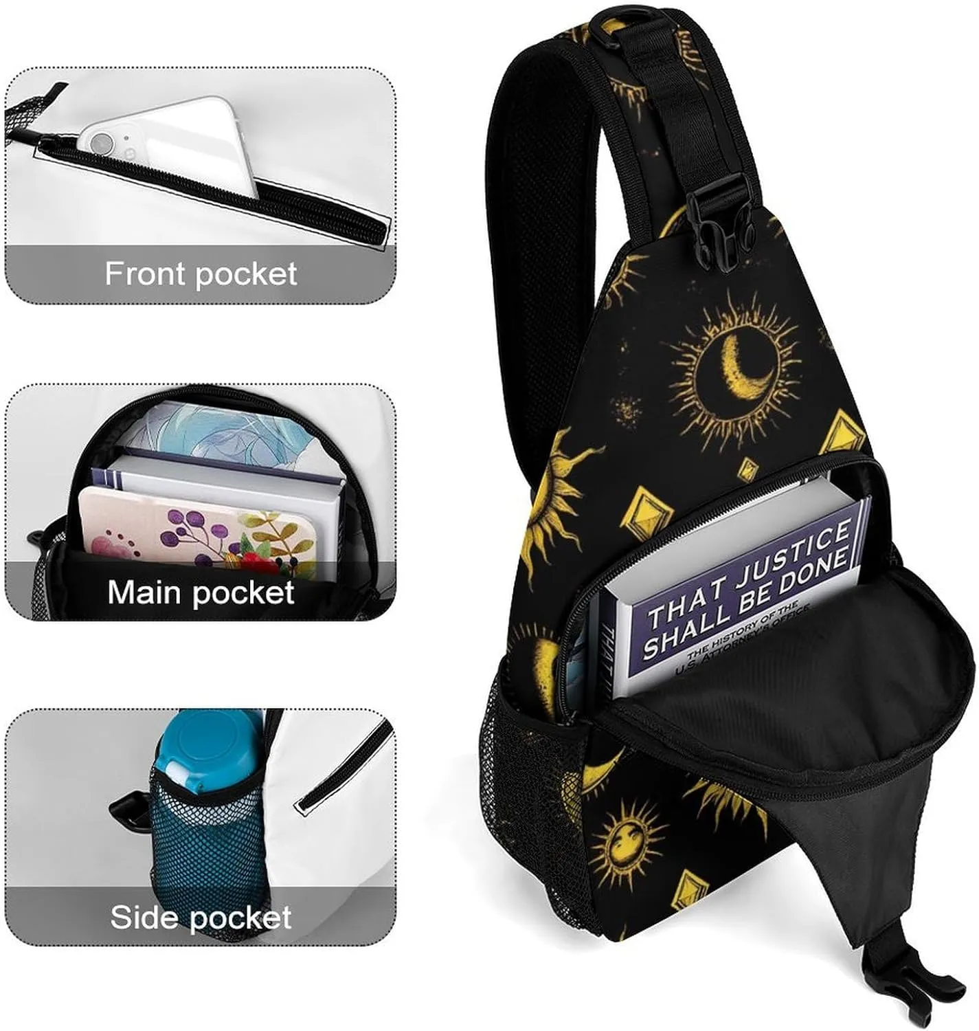Unisex Sports Crossbody Bags, Portable Large Capacity Sun Moon Star Gold Black Sling Bag Shoulder Backpack Chest Bag with Buckles and Pockets for Hiking