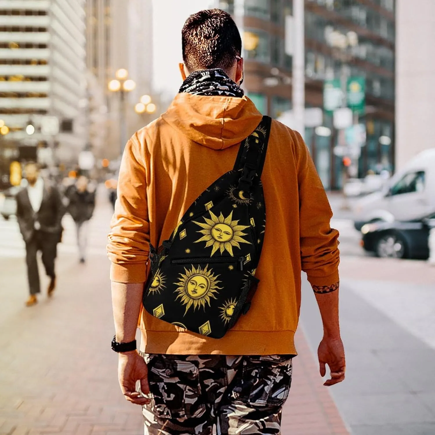 Unisex Sports Crossbody Bags, Portable Large Capacity Sun Moon Star Gold Black Sling Bag Shoulder Backpack Chest Bag with Buckles and Pockets for Hiking