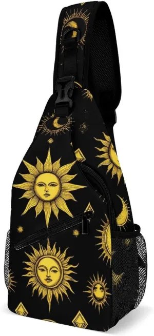 Unisex Sports Crossbody Bags, Portable Large Capacity Sun Moon Star Gold Black Sling Bag Shoulder Backpack Chest Bag with Buckles and Pockets for Hiking