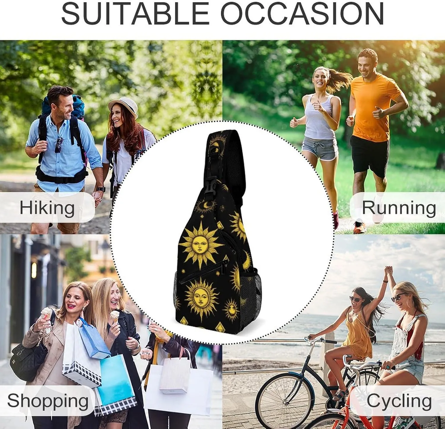 Unisex Sports Crossbody Bags, Portable Large Capacity Sun Moon Star Gold Black Sling Bag Shoulder Backpack Chest Bag with Buckles and Pockets for Hiking