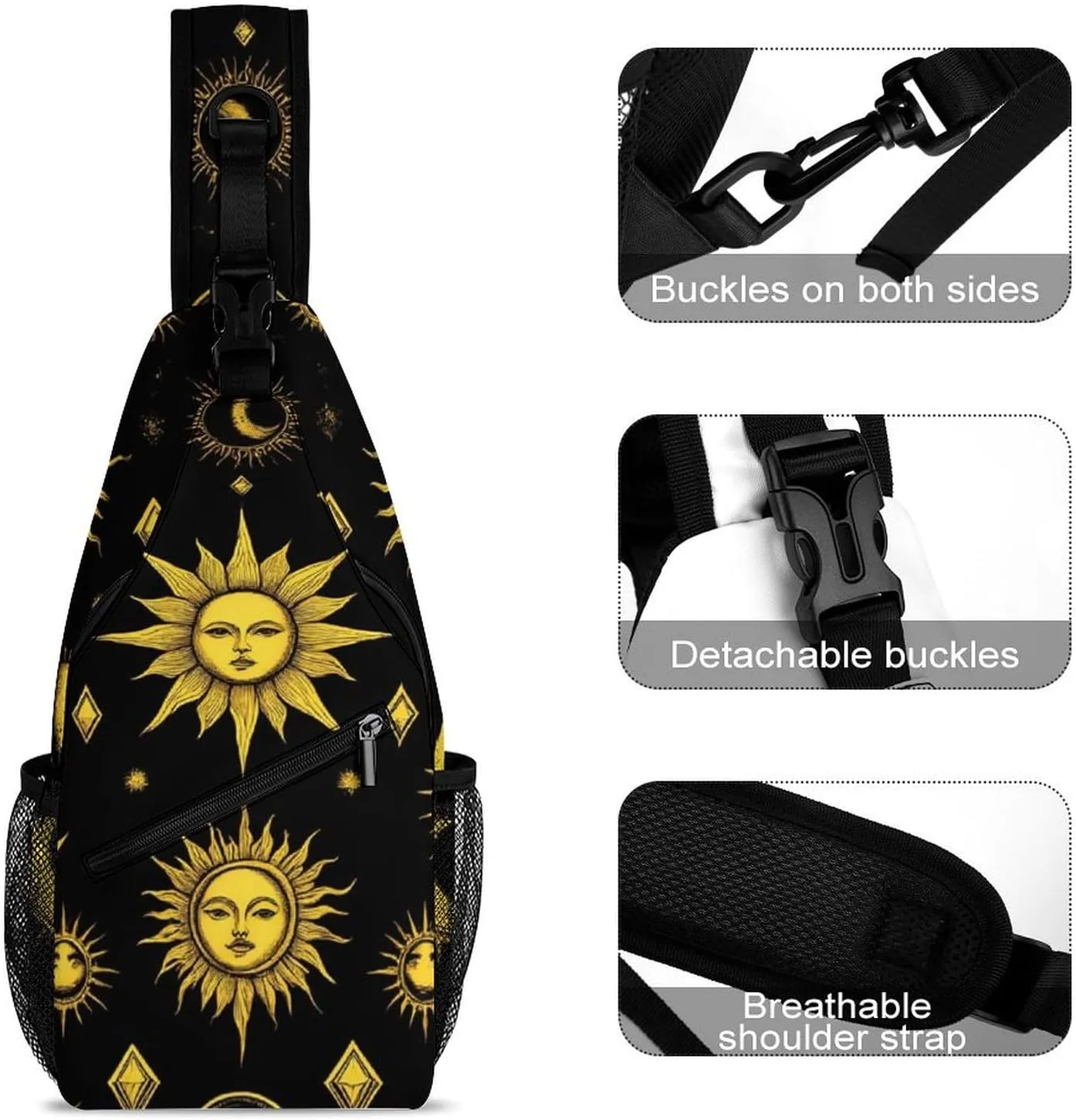 Unisex Sports Crossbody Bags, Portable Large Capacity Sun Moon Star Gold Black Sling Bag Shoulder Backpack Chest Bag with Buckles and Pockets for Hiking