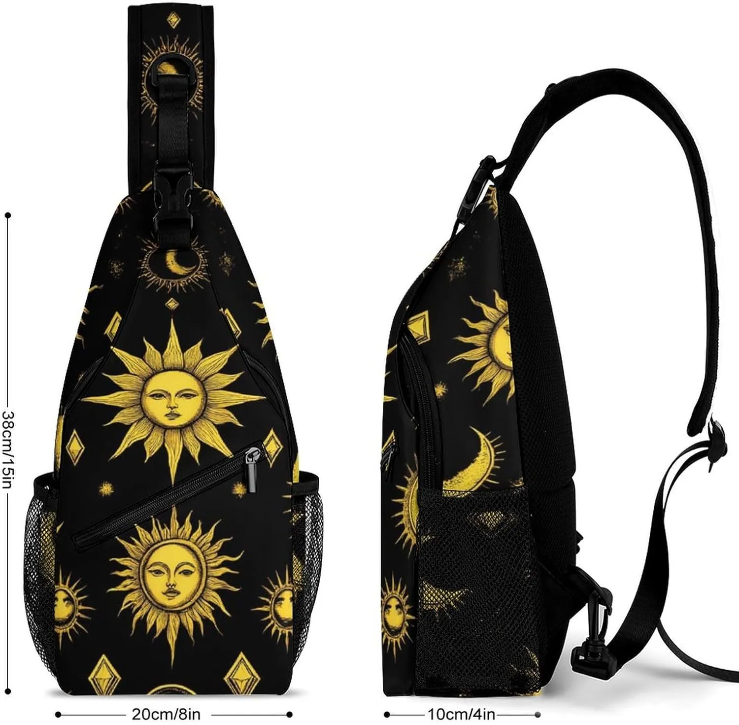Unisex Sports Crossbody Bags, Portable Large Capacity Sun Moon Star Gold Black Sling Bag Shoulder Backpack Chest Bag with Buckles and Pockets for Hiking