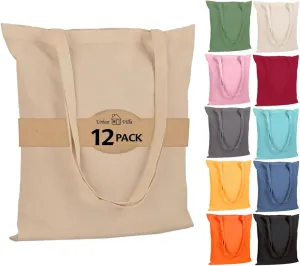 Urban Villa 12 Pack Reusable Grocery Bags 15’’x16’’ with 27’’ long Handle Beige Color 100% Cotton Tote Bags Medium Weight Grocery Shopping Cloth Bags Great Choice for Promotion Gift DIY Advertising
