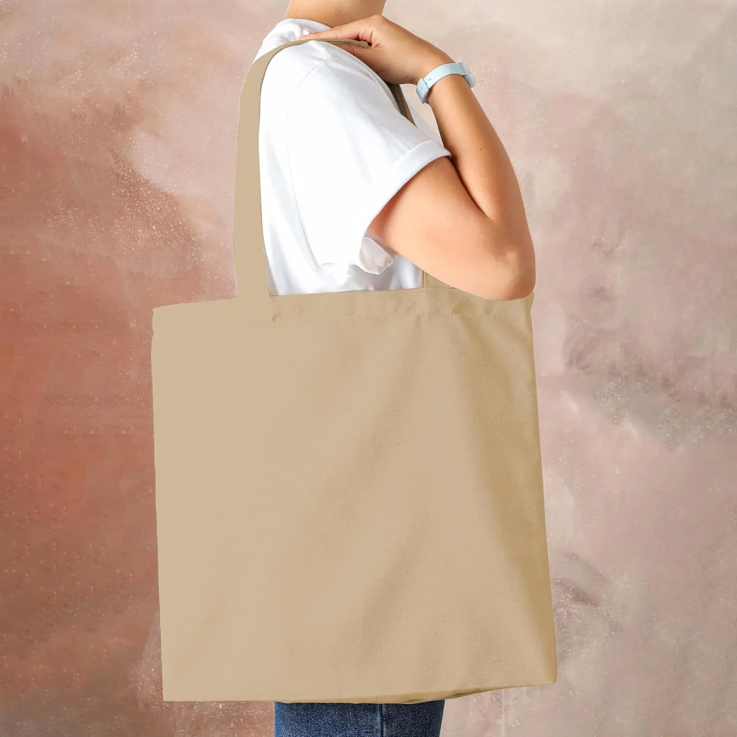 Urban Villa 12 Pack Reusable Grocery Bags 15’’x16’’ with 27’’ long Handle Beige Color 100% Cotton Tote Bags Medium Weight Grocery Shopping Cloth Bags Great Choice for Promotion Gift DIY Advertising