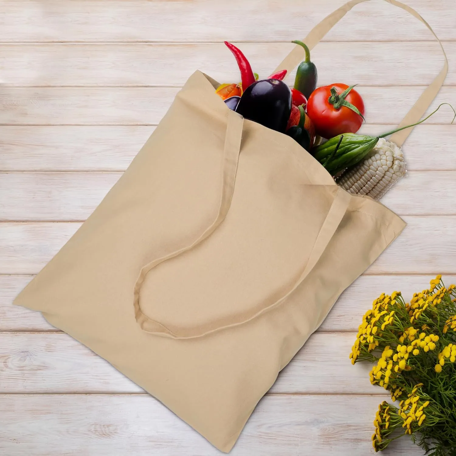 Urban Villa 12 Pack Reusable Grocery Bags 15’’x16’’ with 27’’ long Handle Beige Color 100% Cotton Tote Bags Medium Weight Grocery Shopping Cloth Bags Great Choice for Promotion Gift DIY Advertising