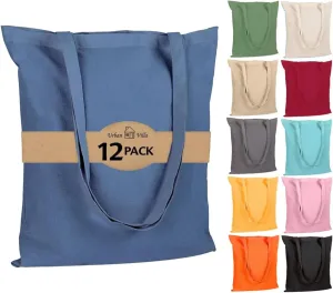 Urban Villa 12 Pack Reusable Grocery Bags 15’’x16’’ with 27’’ long Handle Blue Color 100% Cotton Tote Bags Medium Weight Grocery Shopping Cloth Bags Great Choice for Promotion Gift DIY Advertising