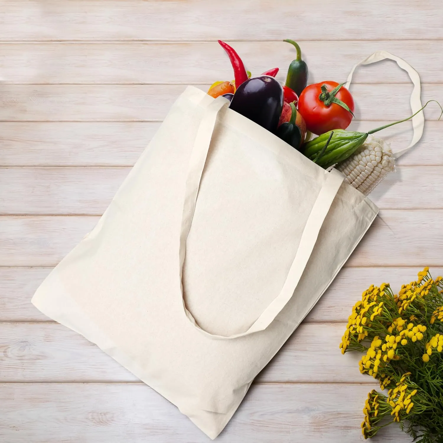 Urban Villa 12 Pack Reusable Grocery Bags 15’’x16’’ with 27’’ long Handle Natural Color 100% Cotton Tote Bags Medium Weight Grocery Shopping Cloth Bags Great Choice for Promotion Gift DIY Advertising