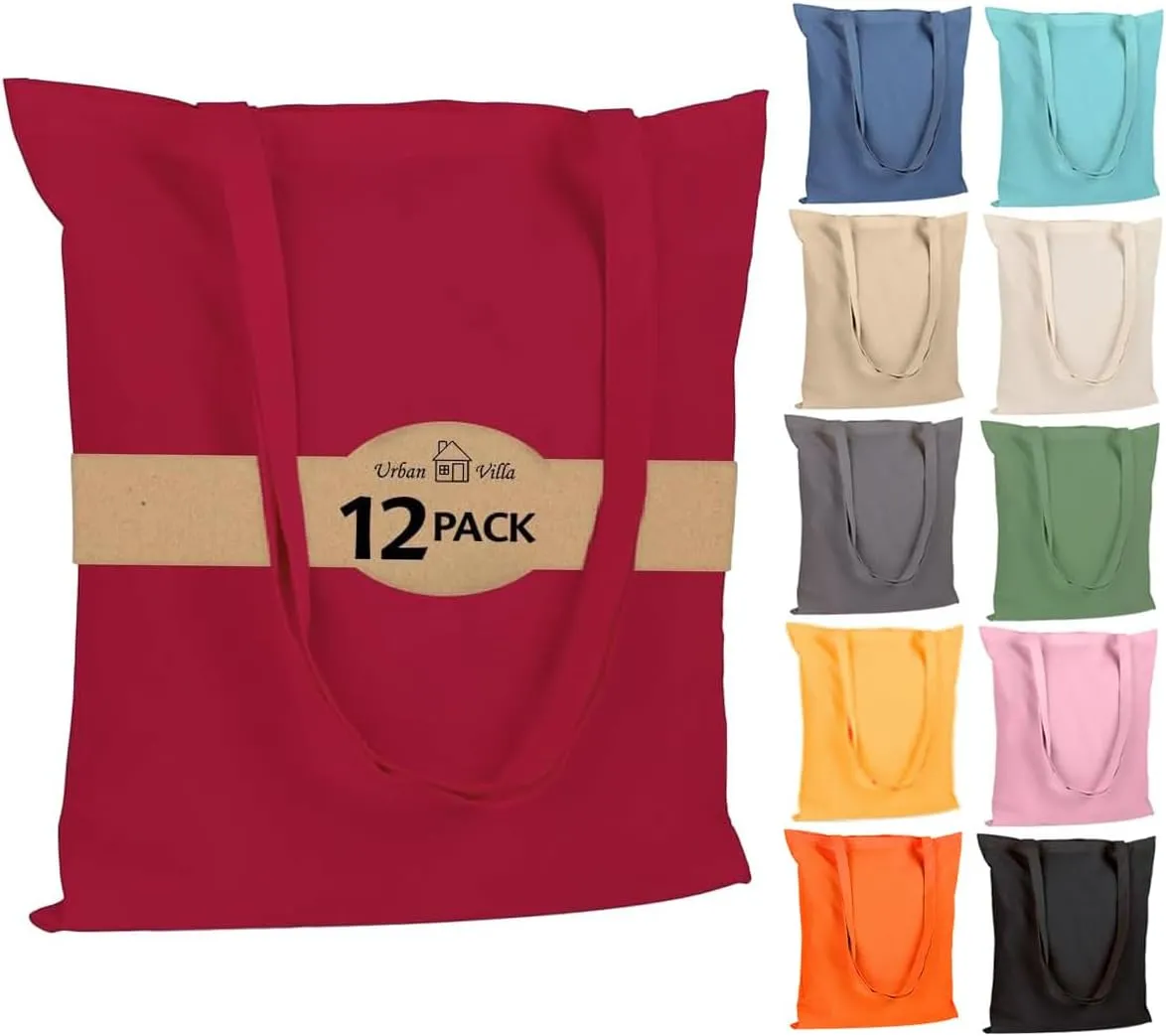 Urban Villa 12 Pack Reusable Grocery Bags 15’’x16’’ with 27’’ long Handle Red Color 100% Cotton Tote Bags Medium Weight Grocery Shopping Cloth Bags Great Choice for Promotion Gift DIY Advertising