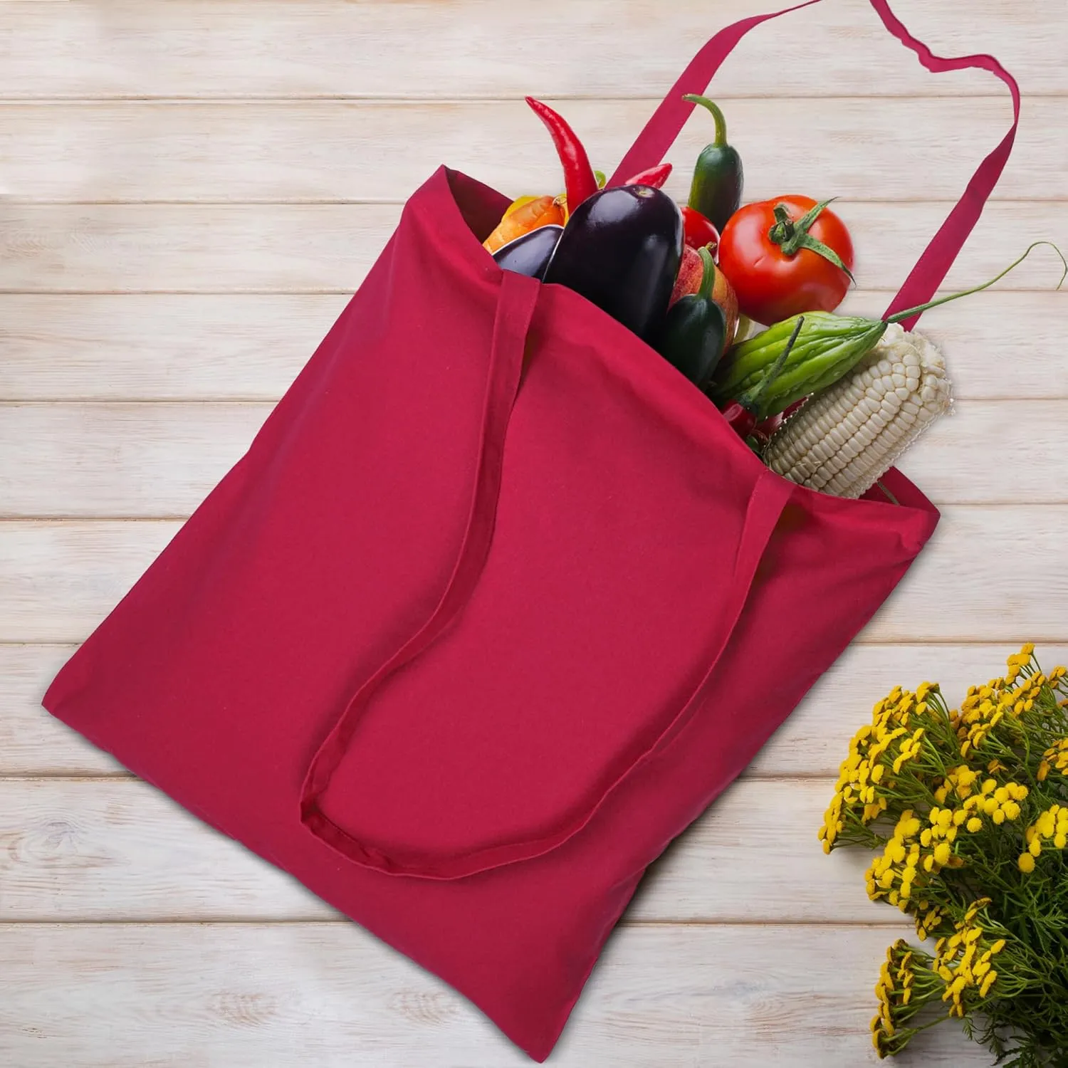 Urban Villa 12 Pack Reusable Grocery Bags 15’’x16’’ with 27’’ long Handle Red Color 100% Cotton Tote Bags Medium Weight Grocery Shopping Cloth Bags Great Choice for Promotion Gift DIY Advertising