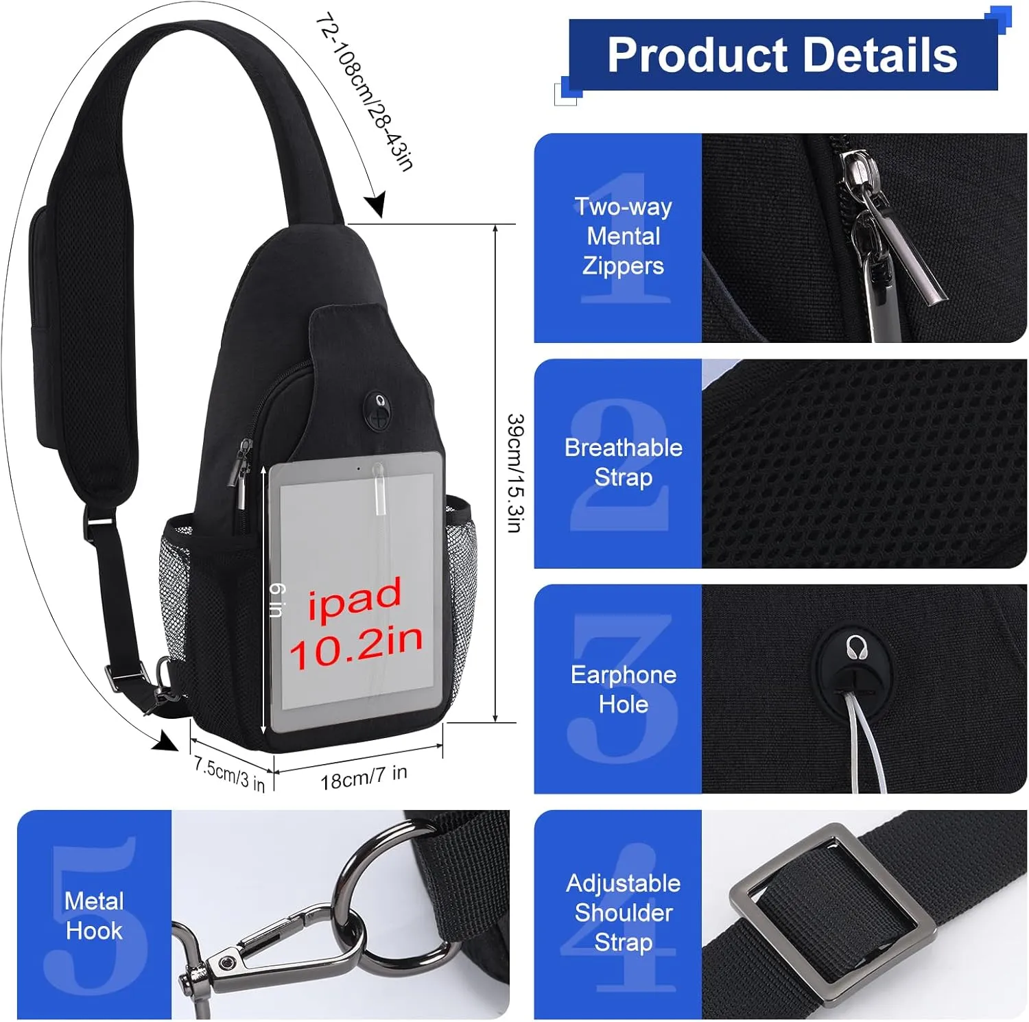 VADOO Sling Backpack with RFID Blocking and Phone Holder on Strap for Men Women Crossbody Chest Bag for Travel Hiking