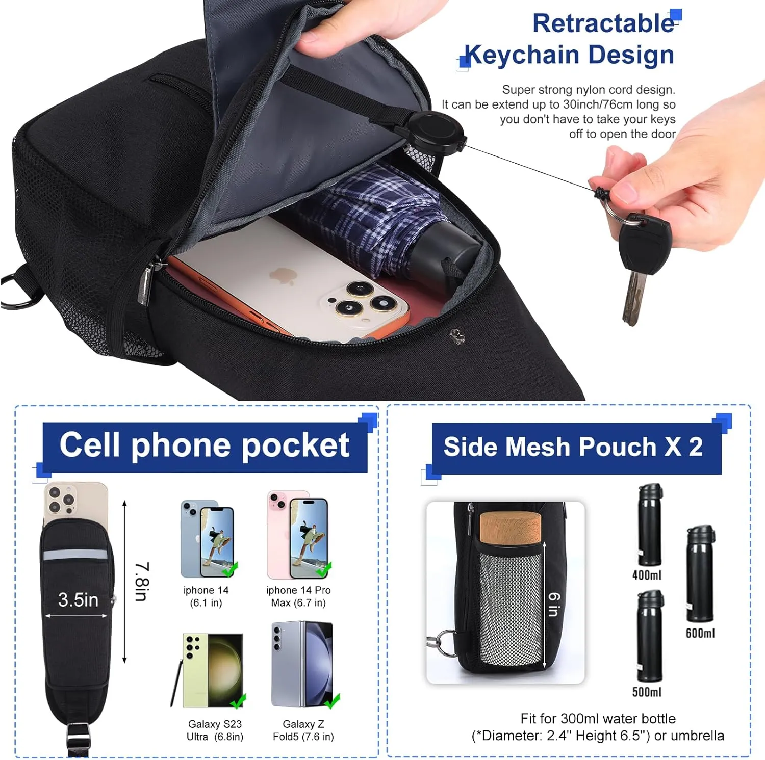 VADOO Sling Backpack with RFID Blocking and Phone Holder on Strap for Men Women Crossbody Chest Bag for Travel Hiking