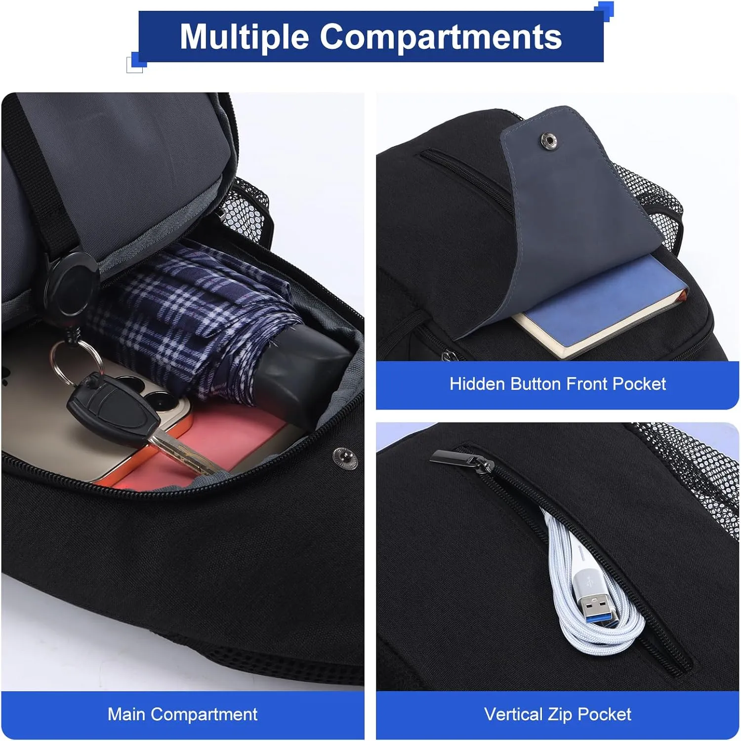 VADOO Sling Backpack with RFID Blocking and Phone Holder on Strap for Men Women Crossbody Chest Bag for Travel Hiking