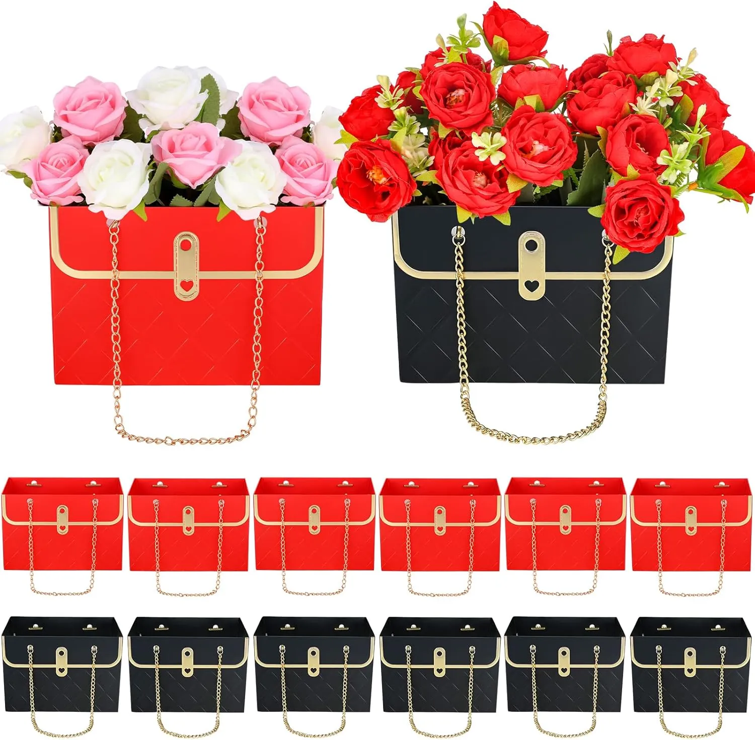 VAIPI 16 Pcs Flower Paper Gift Boxes Flower Gift Bags for Bouquets Storage Bucket Florist Bags Portable Floral Wrap Box for Valentines Mothers Day Wedding Party Gift Package (Red Black)
