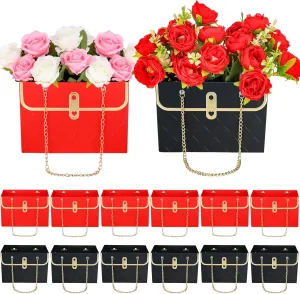 VAIPI 16 Pcs Flower Paper Gift Boxes Flower Gift Bags for Bouquets Storage Bucket Florist Bags Portable Floral Wrap Box for Valentines Mothers Day Wedding Party Gift Package (Red Black)