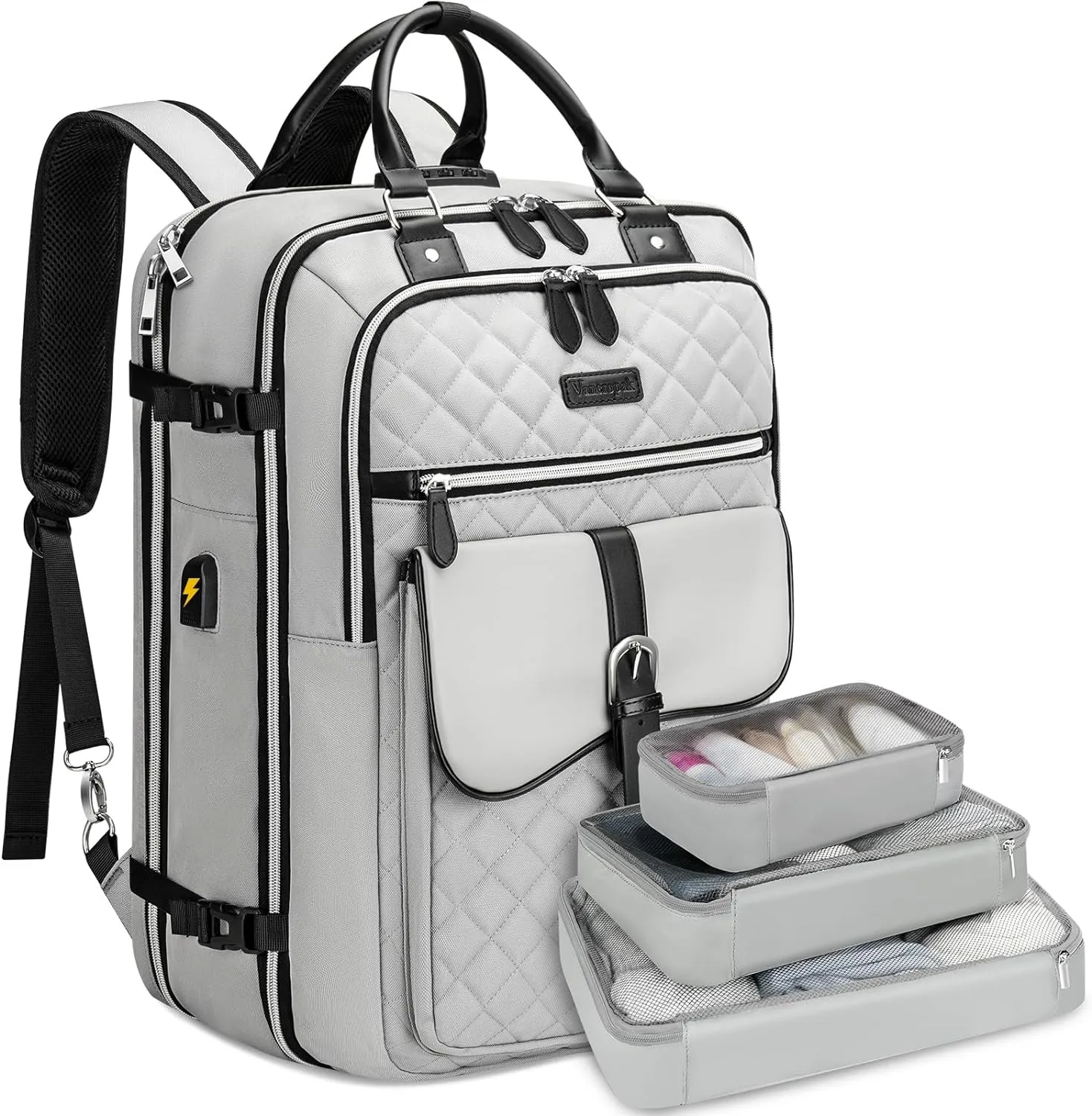 Vancropak Travel Backpack for Women, Extra Large 50L Laptop Carry on Backpacks Fits 17 inch Computer with Lock & USB Charging Port, TSA Anti Theft Flight Approved Duffel Bag with 3 Packing Cubes, Grey