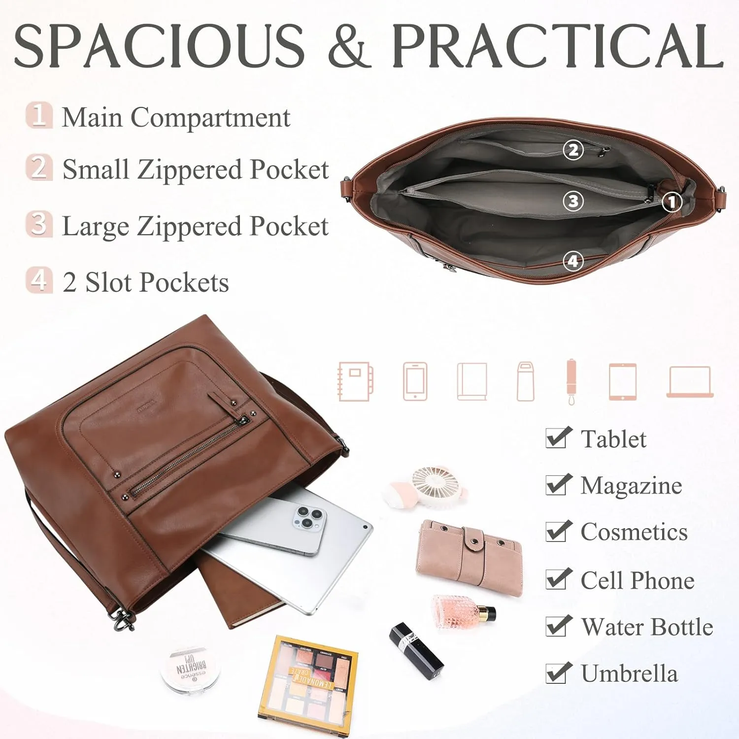 VASCHY Hobo Bags for Women, Vegan Leather Large Handbag Tote Slouchy Shoulder Bag Purse w Convertible Crossbody Strap