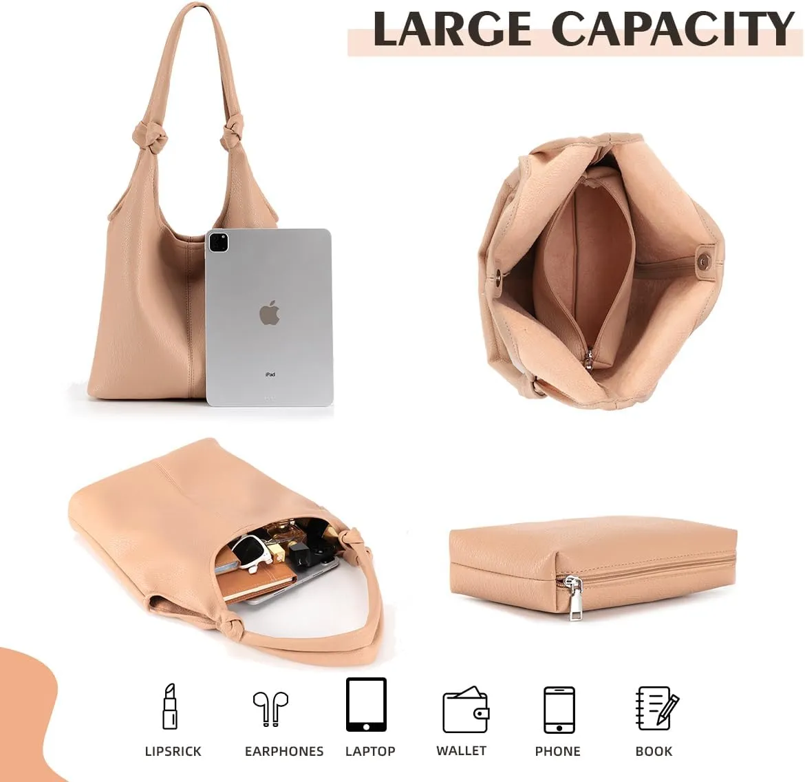Vegan Leather Hobo Purses set, Slouchy Shoulder Bag Knotted Hobo Bags for Women with a small Purse and Clutch Handbag