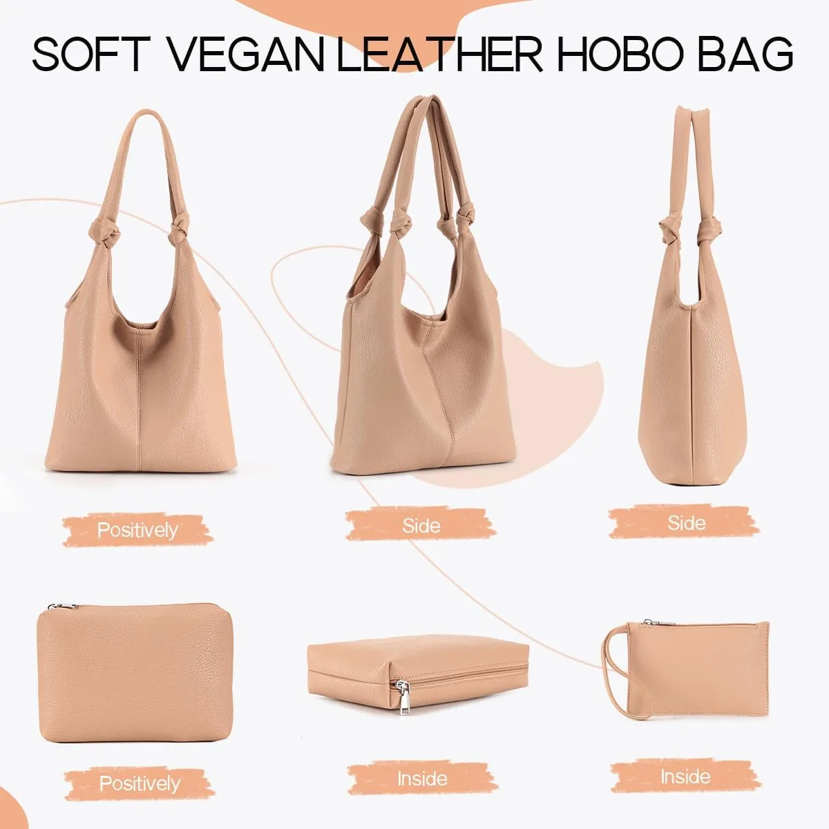 Vegan Leather Hobo Purses set, Slouchy Shoulder Bag Knotted Hobo Bags for Women with a small Purse and Clutch Handbag