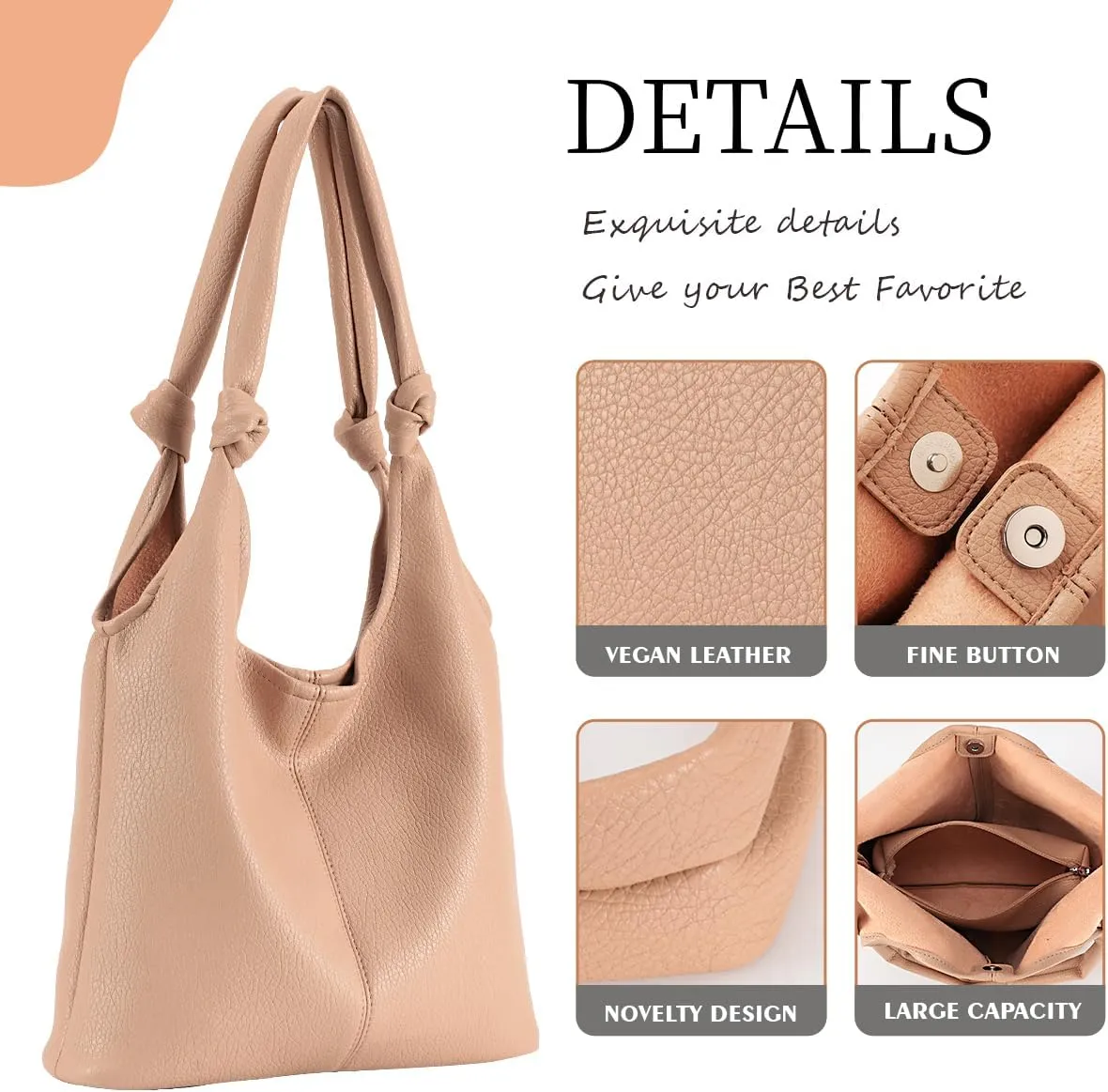 Vegan Leather Hobo Purses set, Slouchy Shoulder Bag Knotted Hobo Bags for Women with a small Purse and Clutch Handbag