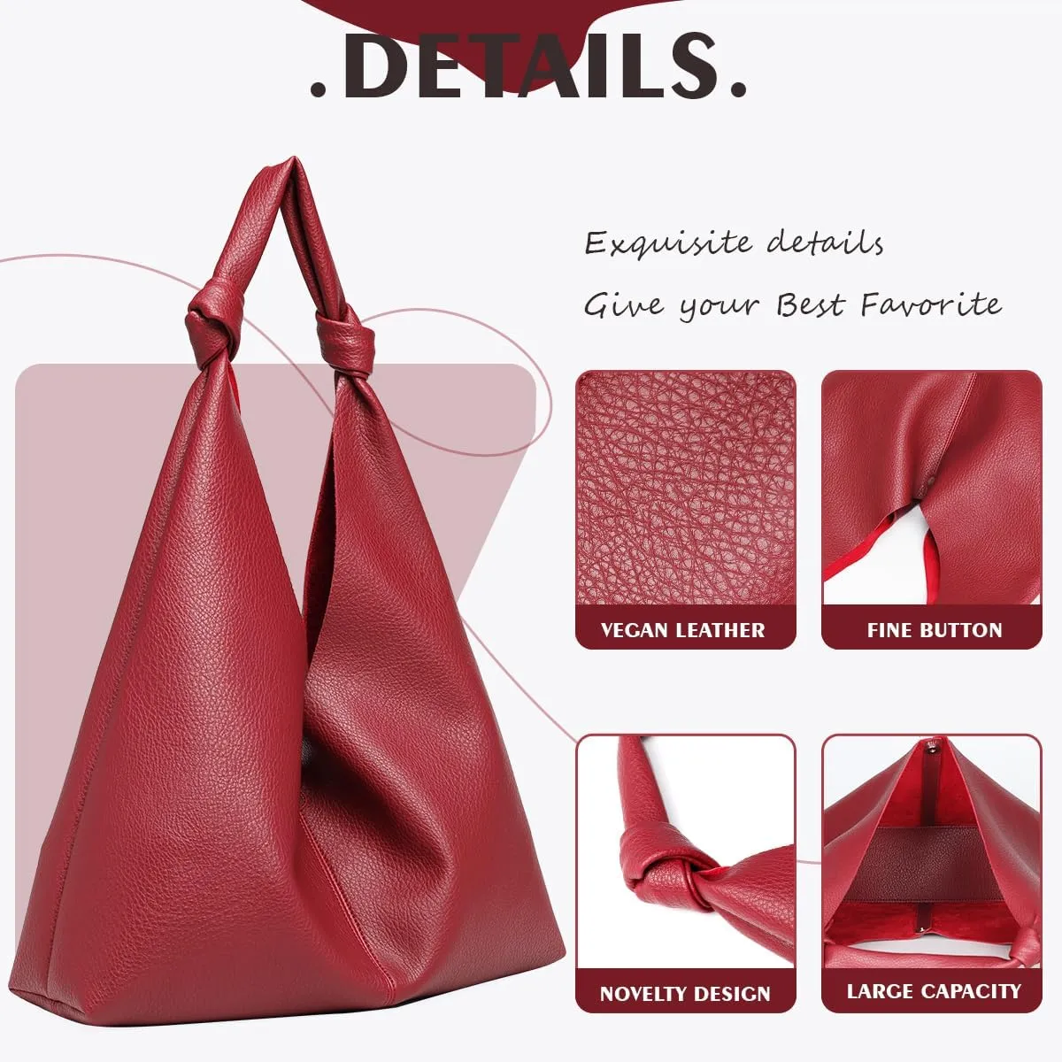 Vegan Leather Hobo Purses set, Slouchy Shoulder Bag Knotted Hobo Bags for Women with a small purse