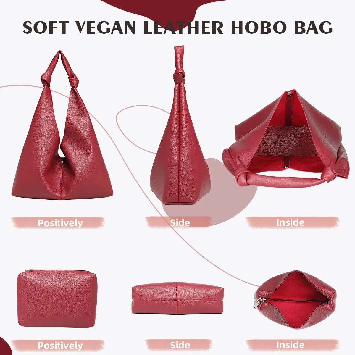 Vegan Leather Hobo Purses set, Slouchy Shoulder Bag Knotted Hobo Bags for Women with a small purse