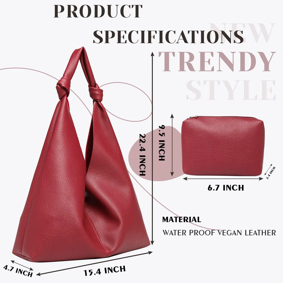 Vegan Leather Hobo Purses set, Slouchy Shoulder Bag Knotted Hobo Bags for Women with a small purse