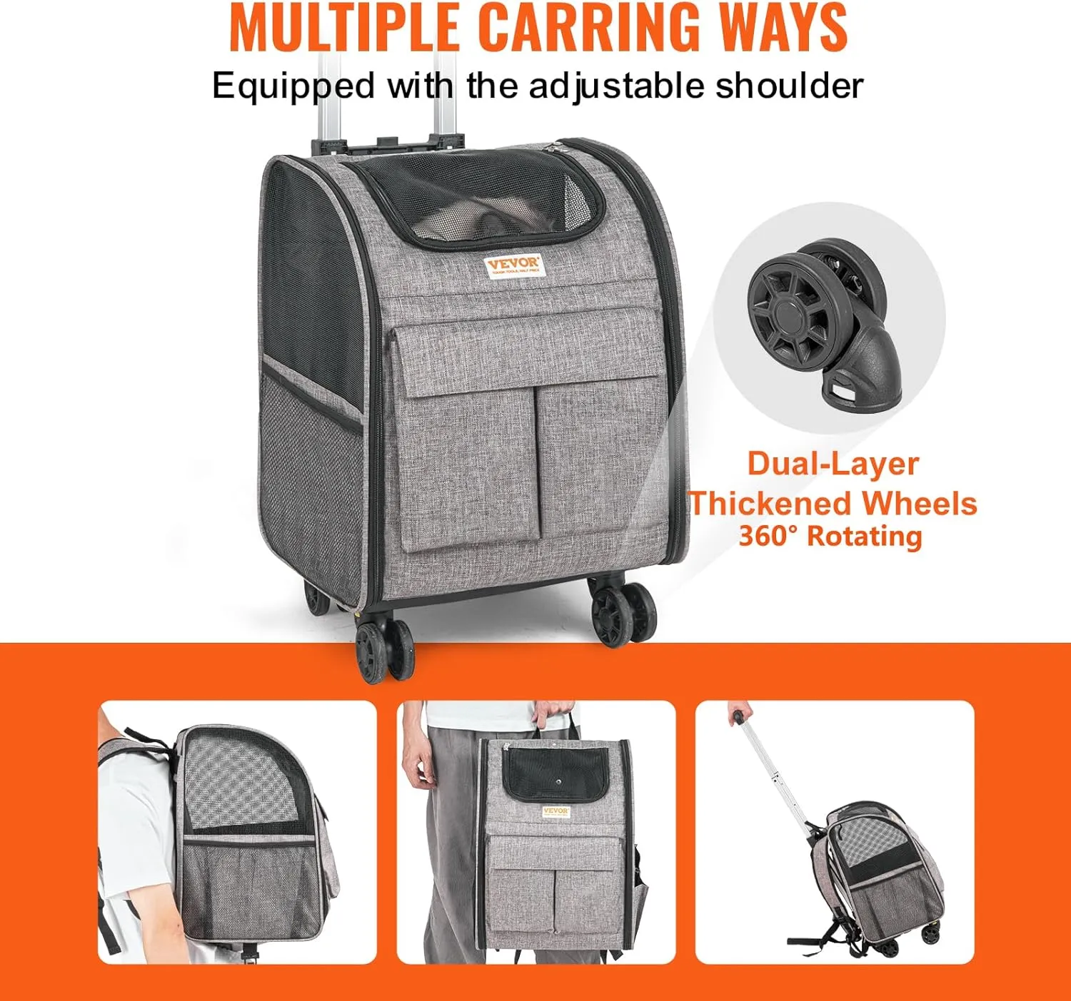 VEVOR Rolling Pet Carrier Backpack with Removable Wheels for Under 18LBS, Large Soft Sided Wheeled Dog Carrier Cat Travel Carrier Airline Approved for Small Dogs and Medium Cats with Upgraded Wheels