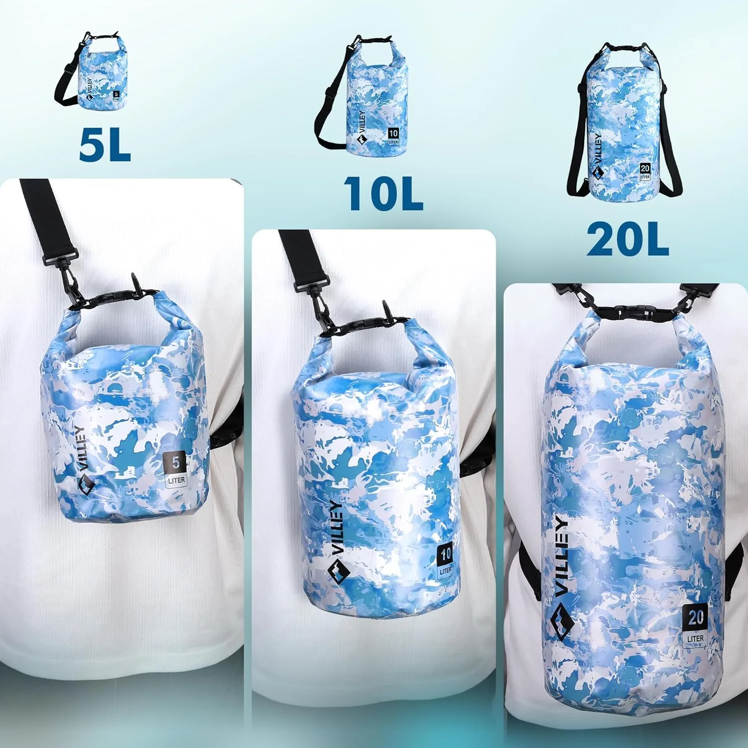 VILLEY Dry Bag Waterproof 20L Roll Top Sack Keeps Gear Dry Lightweight Dry Sack with Waterproof Phone Case for Kayaking Boating Camping Swimming and Beach Adventures Blue Camo