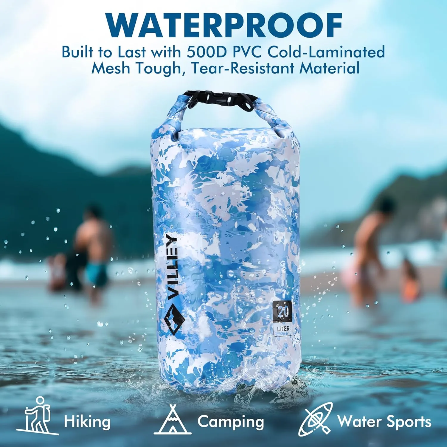 VILLEY Dry Bag Waterproof 20L Roll Top Sack Keeps Gear Dry Lightweight Dry Sack with Waterproof Phone Case for Kayaking Boating Camping Swimming and Beach Adventures Blue Camo